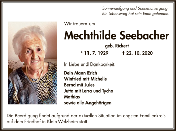 Todesanzeige von Mechthilde Seebacher von OF