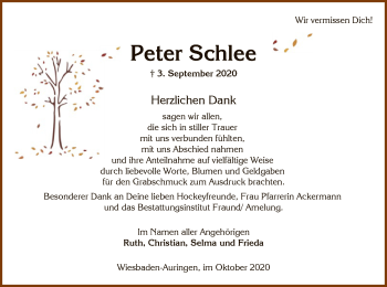 Todesanzeige von Peter Schlee von OF