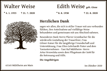 Todesanzeige von Walter und Edith Weise von OF