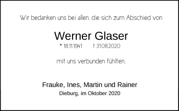 Todesanzeige von Werner Glaser von OF