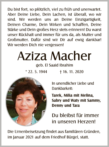 Todesanzeige von Aziza Macher von OF