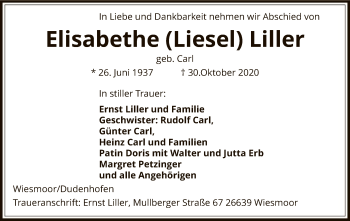 Todesanzeige von Elisabethe Liller von OF