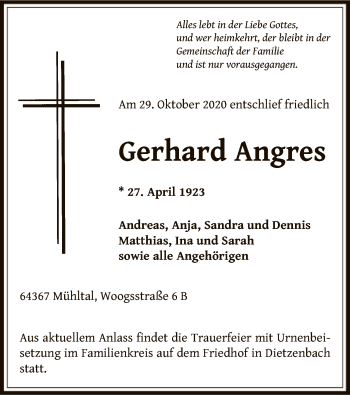 Todesanzeige von Gerhard Angres von OF