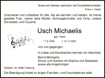 Todesanzeige von Usch Michaelis von OF