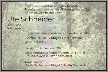 Todesanzeige von Ute Schneider von OF