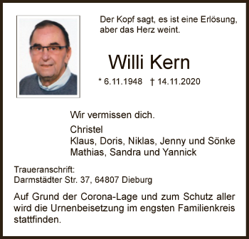 Todesanzeige von Willi Kern von OF