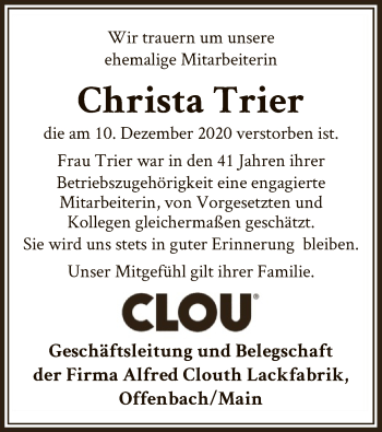 Todesanzeige von Christa Trier von OF