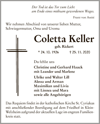 Todesanzeige von Coletta Keller von OF