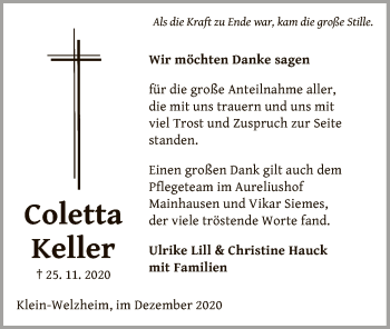 Todesanzeige von Coletta Keller von OF