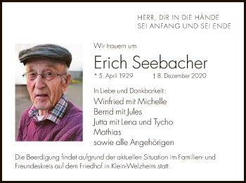 Todesanzeige von Erich Seebacher von OF