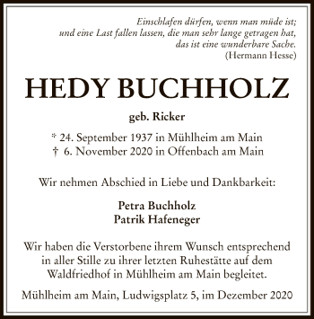 Todesanzeige von Hedy Buchholz von OF
