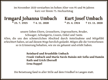 Todesanzeige von Irmgard Johanna und Kurt Josef Umbach von OF