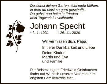 Todesanzeige von Johann Specht von OF