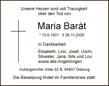 Todesanzeige von Maria Barát von OF