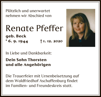 Todesanzeige von Renate Pfeffer von OF
