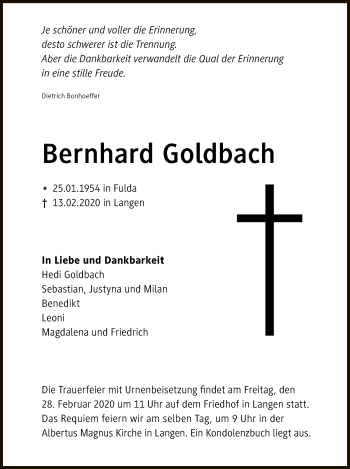 Todesanzeige von Bernhard Goldbach von Offenbach