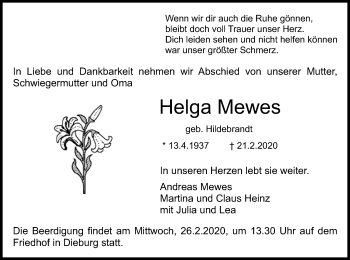 Todesanzeige von Helga Mewes von Offenbach