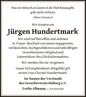 Todesanzeige von Jürgen Hundertmark von Offenbach