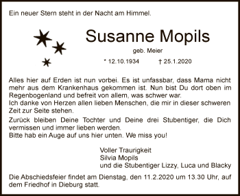 Todesanzeige von Susanne Mopils von Offenbach