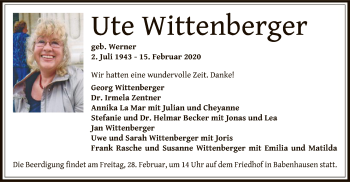 Todesanzeige von Ute Wittenberger von Offenbach