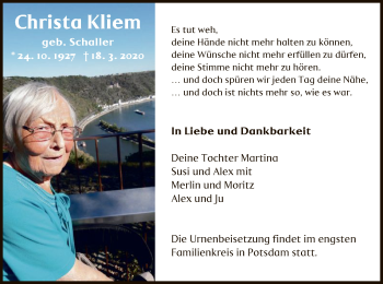 Todesanzeige von Christa Kliem von Offenbach