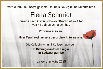 Todesanzeige von Elena Schmidt von Offenbach