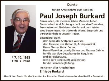 Todesanzeige von Paul Joseph Burkard von Offenbach