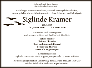 Todesanzeige von Siglinde Kramer von Offenbach
