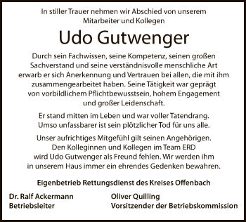 Todesanzeige von Udo Gutwenger von Offenbach