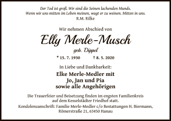 Todesanzeige von Elly Merle-Musch von OF