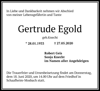 Todesanzeige von Gertrude Egold von OF