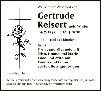 Todesanzeige von Gertrude Reisert von OF