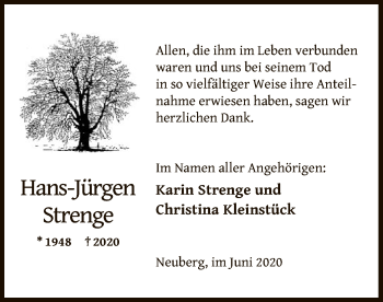 Todesanzeige von Hans-Jürgen Strenge von OF