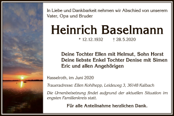 Todesanzeige von Heinrich Baselmann von OF