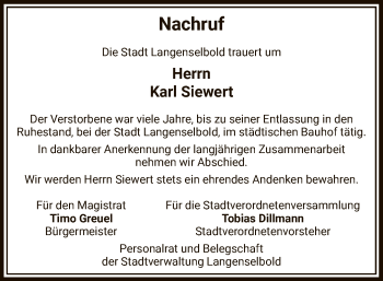 Todesanzeige von Karl Siewert von OF