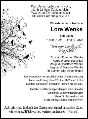 Todesanzeige von Lore Wenke von OF