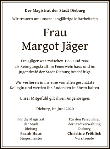 Todesanzeige von Margot Jäger von OF