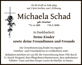 Todesanzeige von Michaela Schad von OF