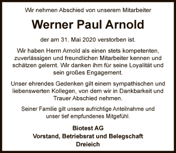 Todesanzeige von Werner Paul Arnold von OF