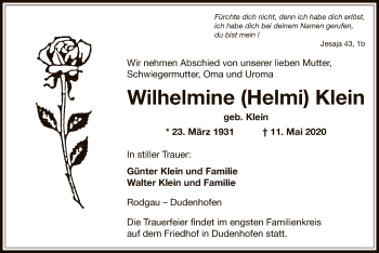 Todesanzeige von Wilhelmine Klein von OF
