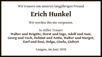 Todesanzeige von Erich Hunkel von OF