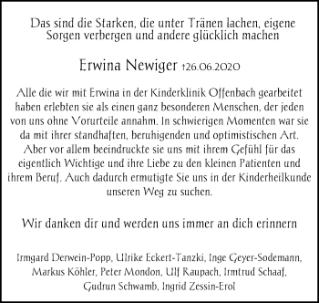 Todesanzeige von Erwina Newiger von OF