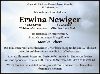 Todesanzeige von Erwina Newiger von OF