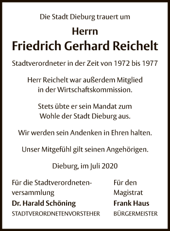 Todesanzeige von Friedrich Gerhard Reichelt von OF