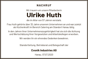 Todesanzeige von Ulrike Huth von OF