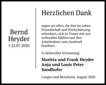 Todesanzeige von Bernd Heyder von OF