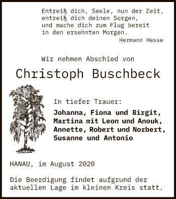 Todesanzeige von Christoph Buschbeck von OF