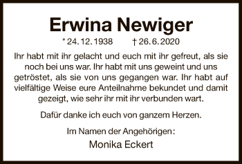 Todesanzeige von Erwina Newiger von OF