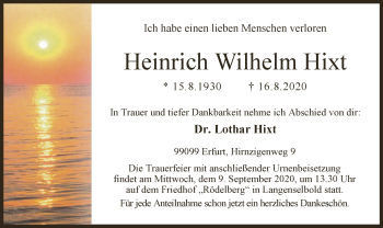 Todesanzeige von Heinrich Wilhelm Hixt von OF
