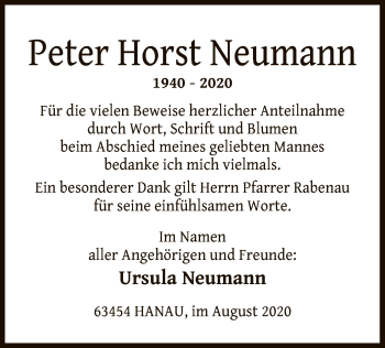 Todesanzeige von Peter Horst Neumann von OF